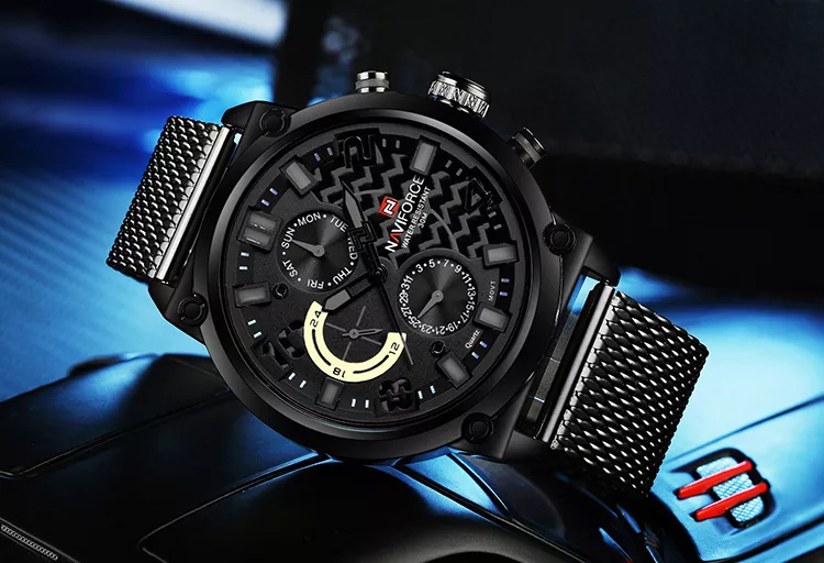 NaviForce-NF9068 black mesh chain mens multi hand dial men's wrist watch