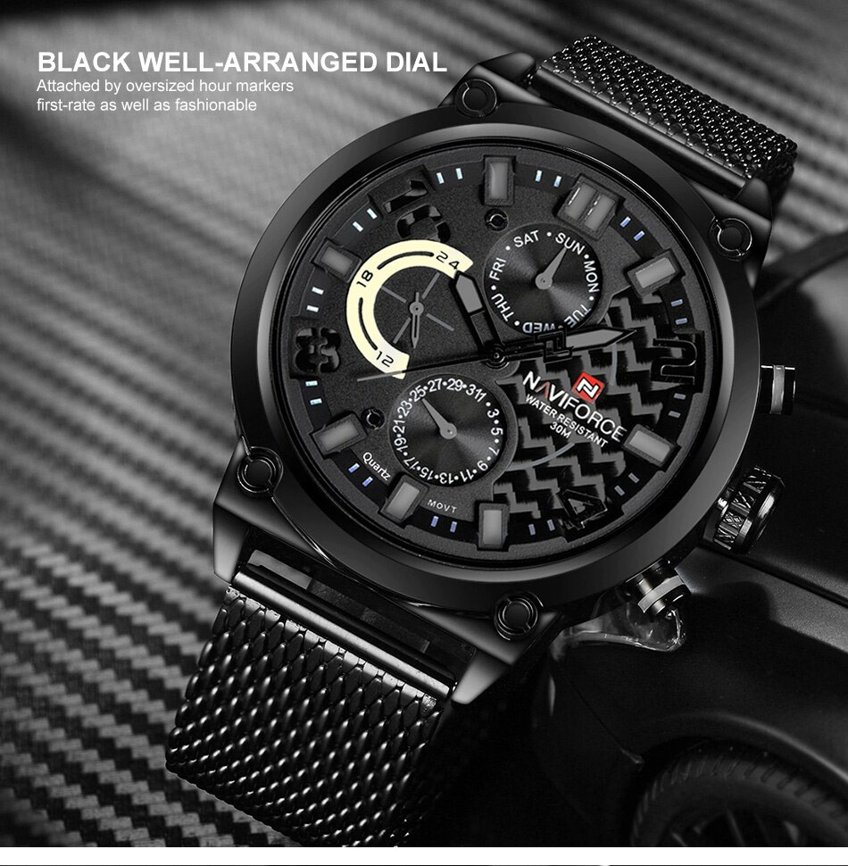NaviForce NF9068 Multi-Hand Dial Watch In Black Mesh chain