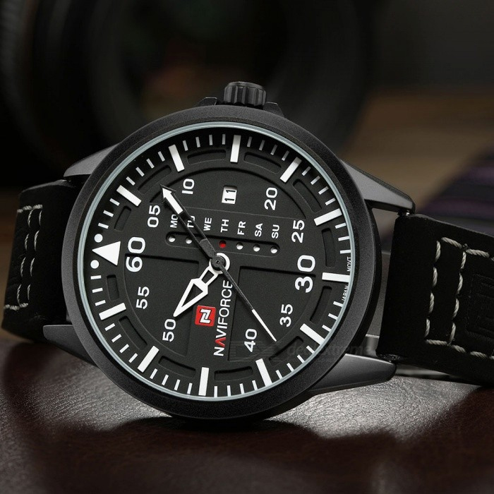 NaviForce NF9074 men's wrist watch in black leather strap white/black analog dial