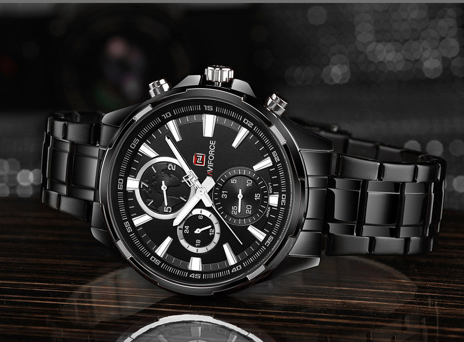 NaviForce-NF9089 full black stainless steel black dial men's chronograph wrist watch