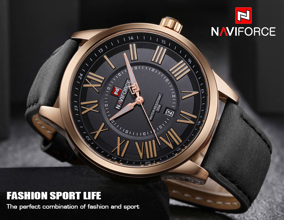 NaviForce-NF9126 roman dial black leather strap men's quartz watch