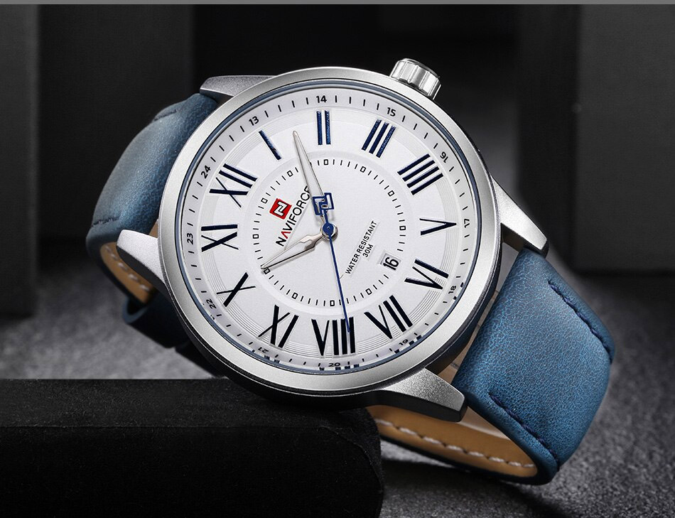 NaviForce-NF9126 roman dial blue leather strap men's quartz watch
