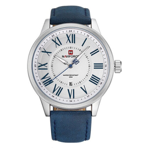 NaviForce-NF9126 blue leather strap white roman dial men's wrist watch