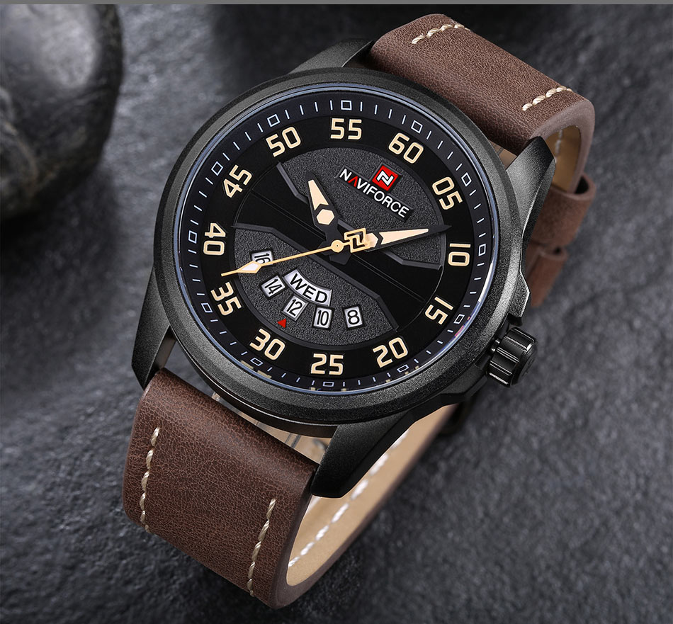 NaviForce-NF9124 stylish men's wrist watch in brown leather strap & black analog dial product display