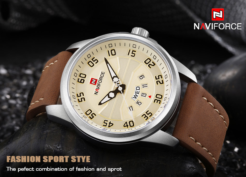 NaviForce-NF9124 men's analog quartz wrist watch in brown leather strap yellow dial