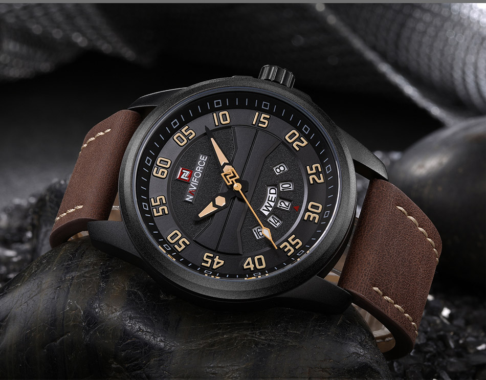 NaviForce-NF9124 men's casual wear watch in brown leather strap black dial