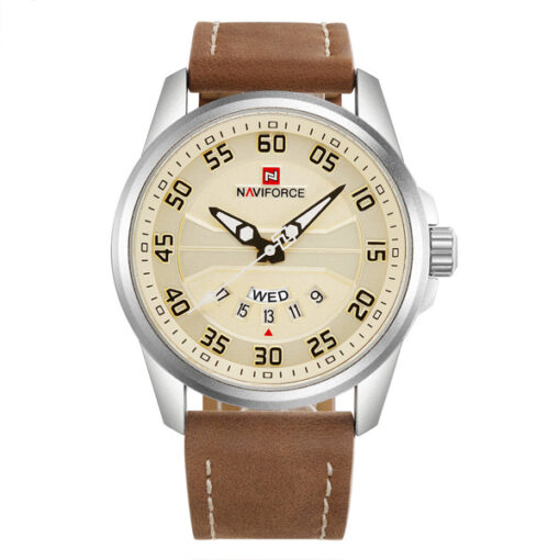 NaviForce-NF9124 brown leather strap yellow dial men's analog quartz wrist watch