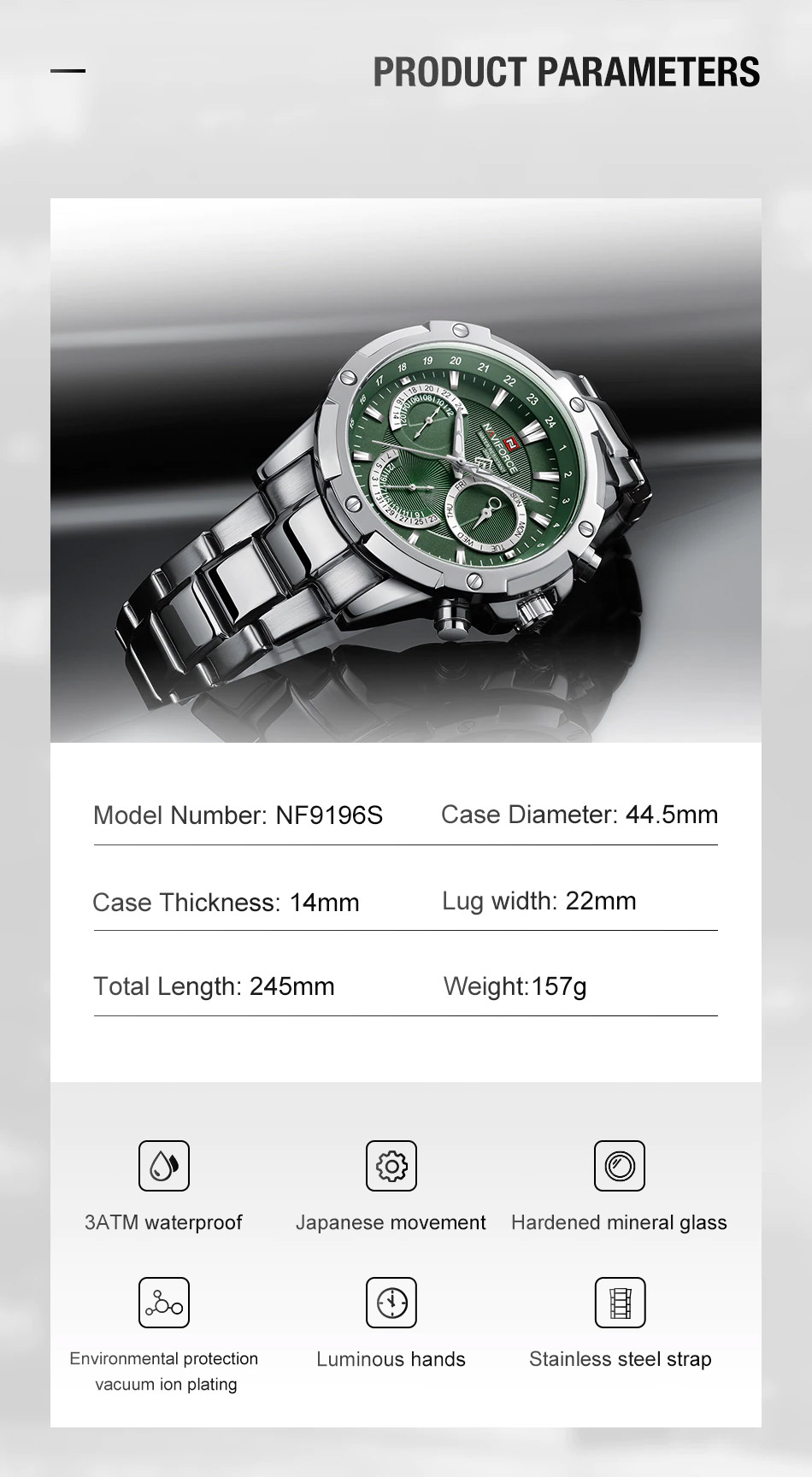 NaviForce-NF9196S green multi dial men's watch specifications
