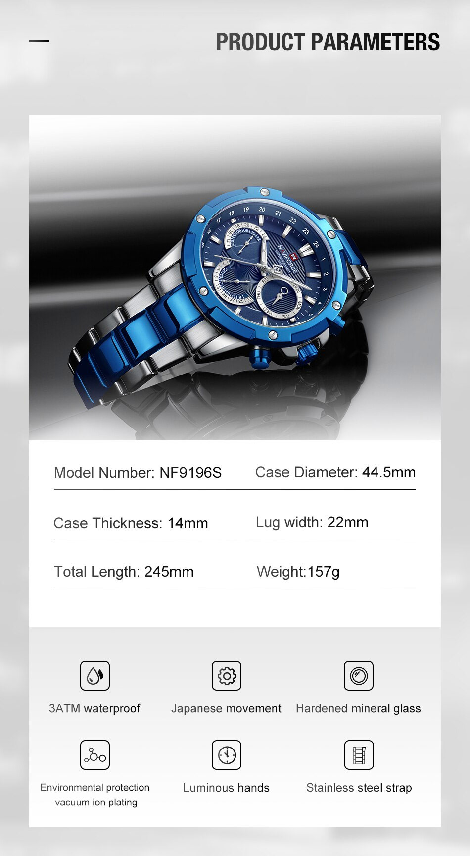 NaviForce-NF9196S men's luxury wrist watch specifications