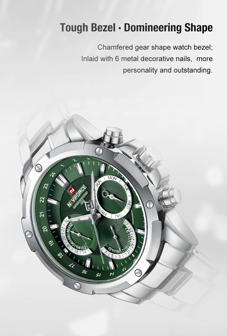NaviForce-NF9196S men's luxury hand watch in tough bezel domineering shape