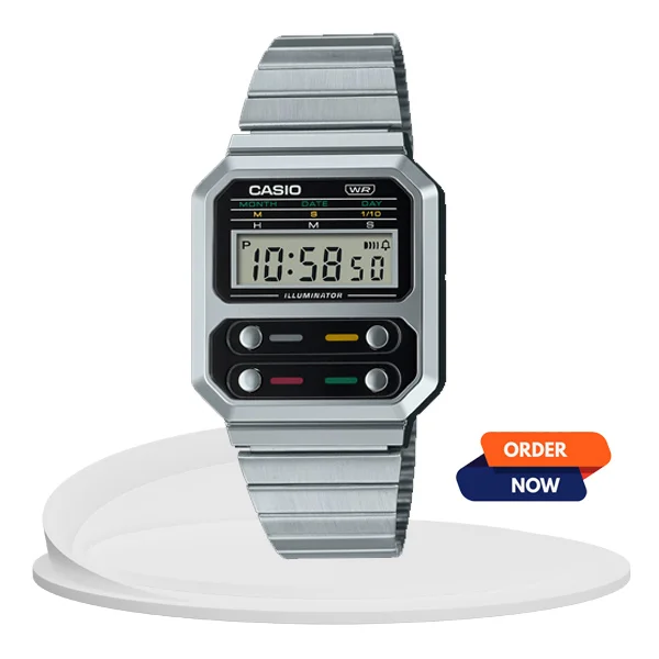 Casio A1000WE-1AVT retro vintage style pacman theme digital wrist watch in silver steel chain & modes button on the dial