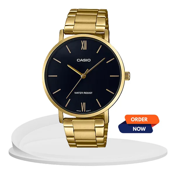 Casio MTP-VT01G-1B black simple analog dial & golden stainless steel chain men's wrist watch