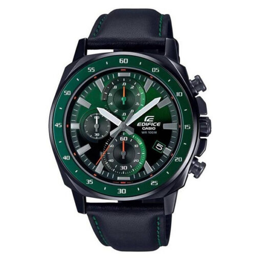 Casio-Edifice-EFV-600CL-3AV black leather strap green dial men's chronograph wrist watch