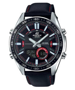 Casio-Edifice-EFV-C100L-1A black leather strap black analog digital dial men's dress watch