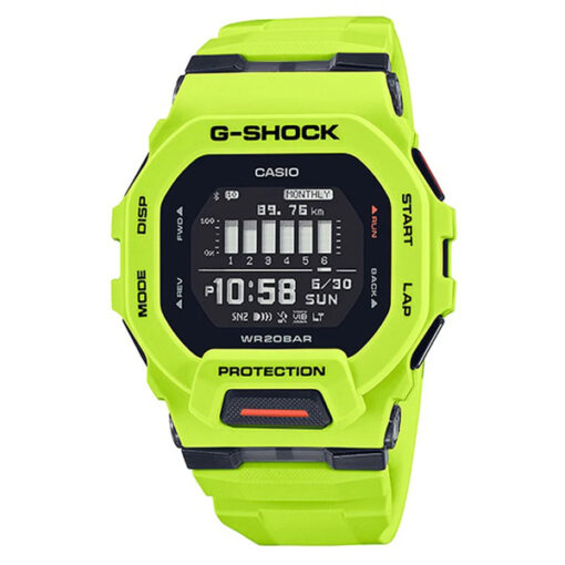 Casio-G-Shock-GBD-200-9DR shocking green resin band & digital square shape multi function dial men's watch