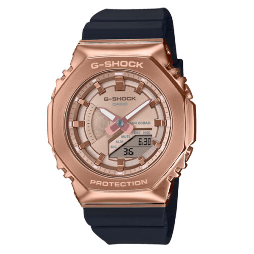 Casio-G-Shock-GM-S2100PG-1A4 black resin band rose gold dual dial ladies wrist watch