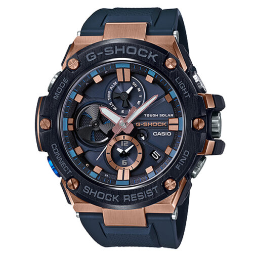 Casio-G-Shock-GST-B100G-2A blue resin band multi hand dial men's solar powered sports watch