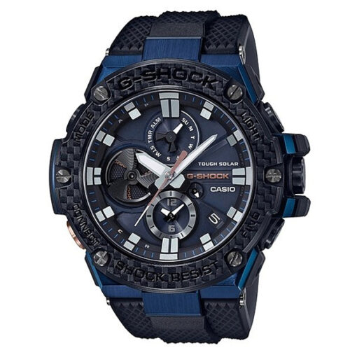 Casio-G-Shock-GST-B100XB-2A blue/black resin band multi hand dial men's sports watch