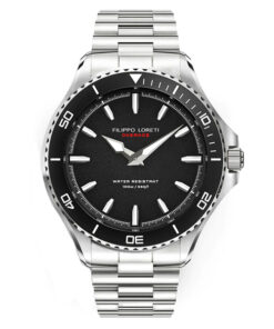Flippo-Loretti silver stainless steel black dial men's analog wrist watch