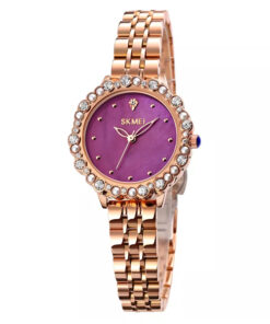 Skmei 1799 pink dial ladies analog gift watch in rose gold chain