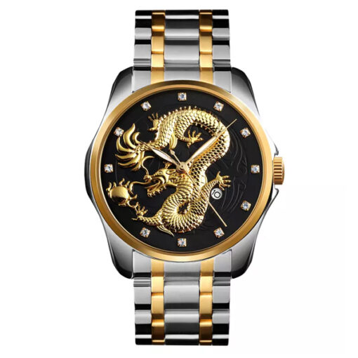 Skmei 9193 two tone stainless steel golden black dragon dial men's gift watch
