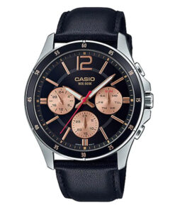 casio-MTP-1374L-1a2 black leather strap multi color multi-hand dial men's wrist watch