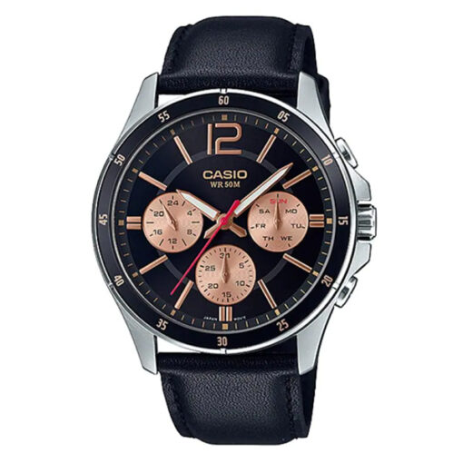 casio-MTP-1374L-1a2 black leather strap multi color multi-hand dial men's wrist watch