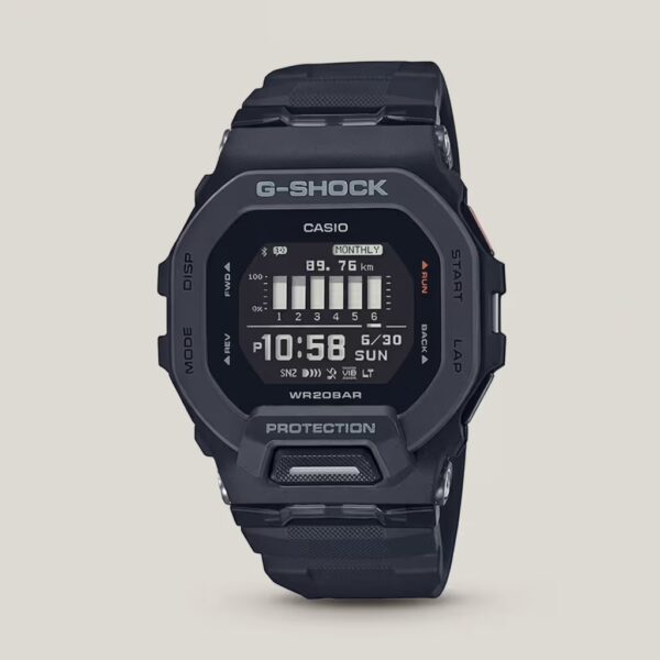 Casio G-Shock men's black digital step tracker watch with activity display, shock-resistant design and 200M water resistance