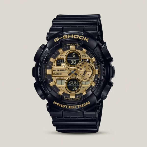 Casio G-Shock men's black and gold analog-digital watch with shock-resistant design and 200M water resistance