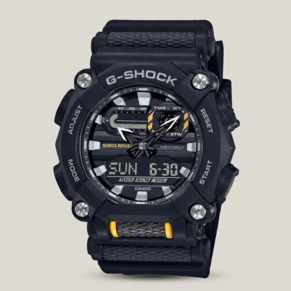 Casio G-Shock men's black analog-digital watch with yellow accents, shock-resistant design and 200M water resistance