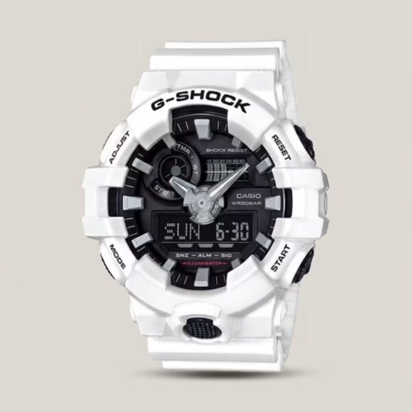 Casio G-Shock men's white analog-digital watch with black dial, shock-resistant design and 200M water resistance