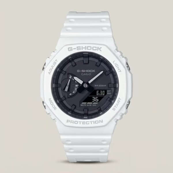 Casio G-Shock men's white analog-digital watch with black dial, shock-resistant design and 200M water resistance