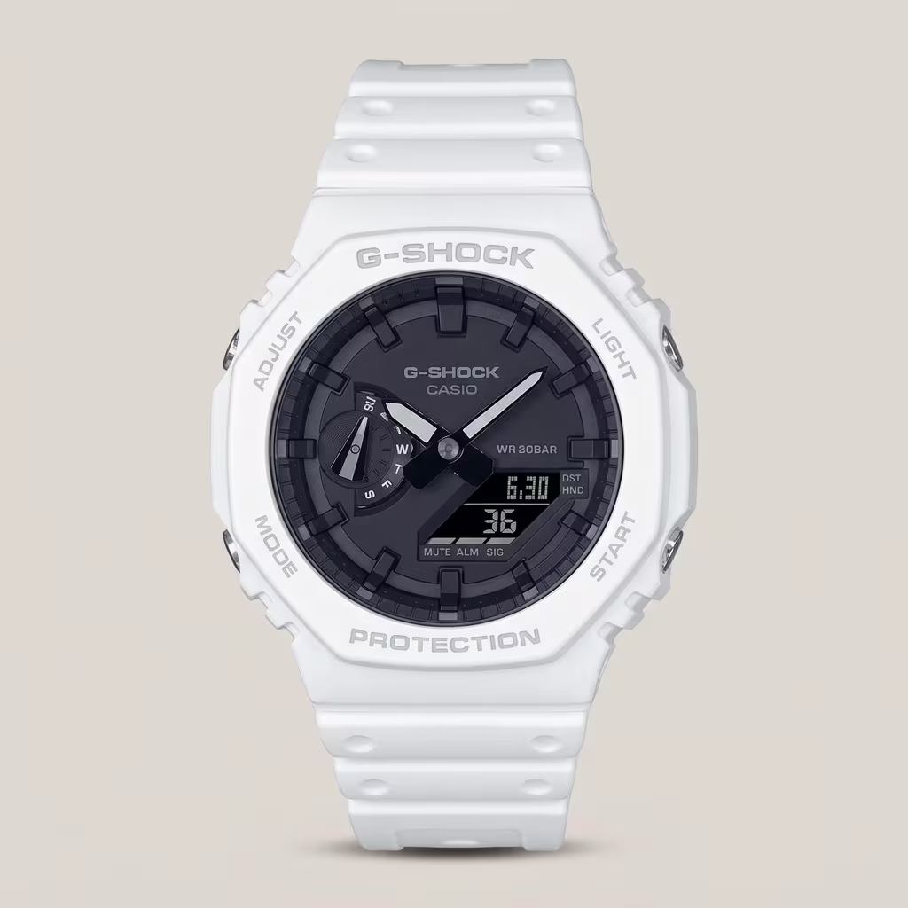 Casio G-Shock men's white analog-digital watch with black dial, shock-resistant design and 200M water resistance