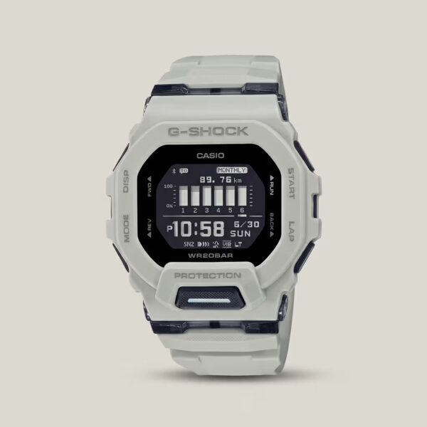 Casio G-Shock men's white digital step tracker watch with activity display, shock-resistant design and 200M water resistance