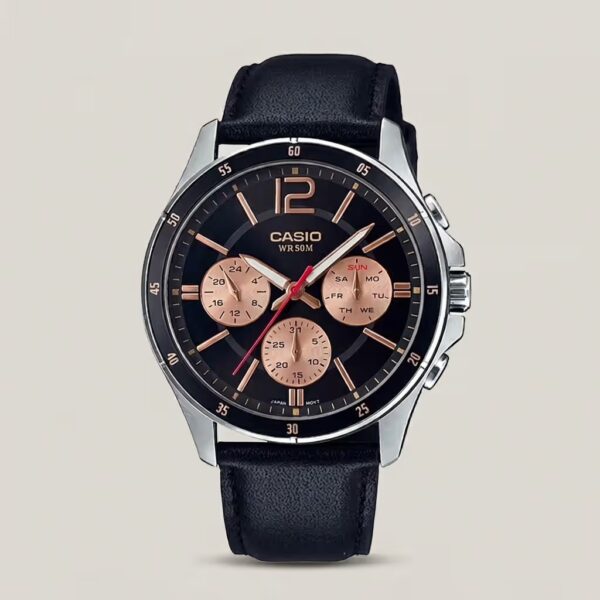 casio-MTP-1374L-1a2 black leather strap multi color multi-hand dial men's wrist watch