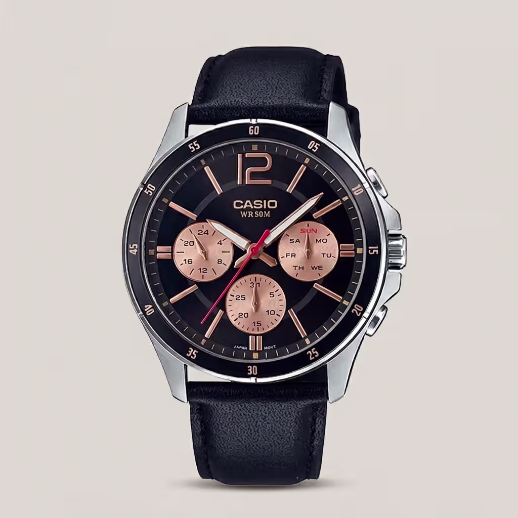 casio-MTP-1374L-1a2 black leather strap multi color multi-hand dial men's wrist watch