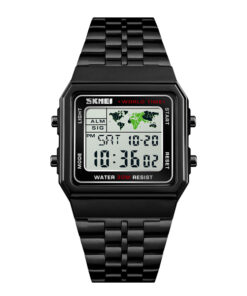 skmei 1338 black stainless steel digital dial men's world time watch