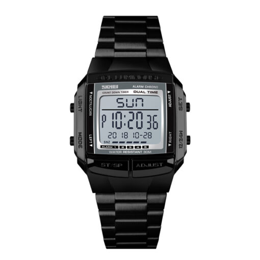 skmei-1381 black stainless steel dual dial men's sports watch