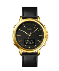 skmei-1652 black leather strap golden dial case analog digital dial men's watch