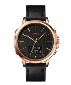 skmei-1652 black leather strap rose gold dial case analog digital quartz watch