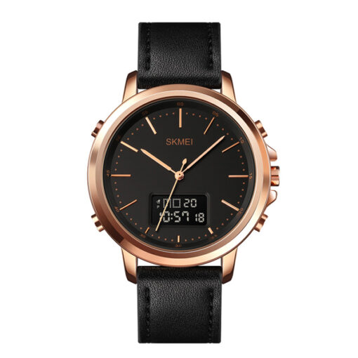 skmei-1652 black leather strap rose gold dial case analog digital quartz watch
