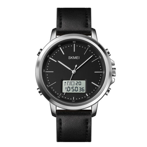 skmei-1652 black leather strap silver dial case analog digital dress watch