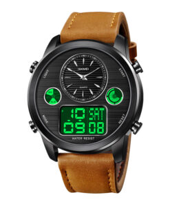 skmei 1653 brown leather strap round dial men's analog digital hand watch