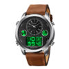 skmei-1653 brown leather strap silver dial case men's analog digital casual wear watch