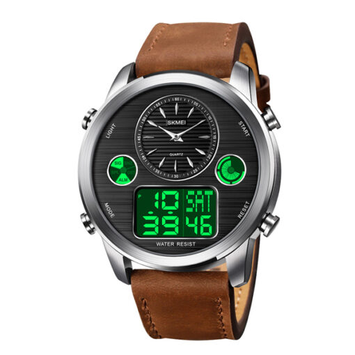 skmei-1653 brown leather strap silver dial case men's analog digital casual wear watch
