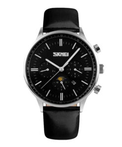 Skmei 9117 black leather strap black dila moon phase men's wrist watch