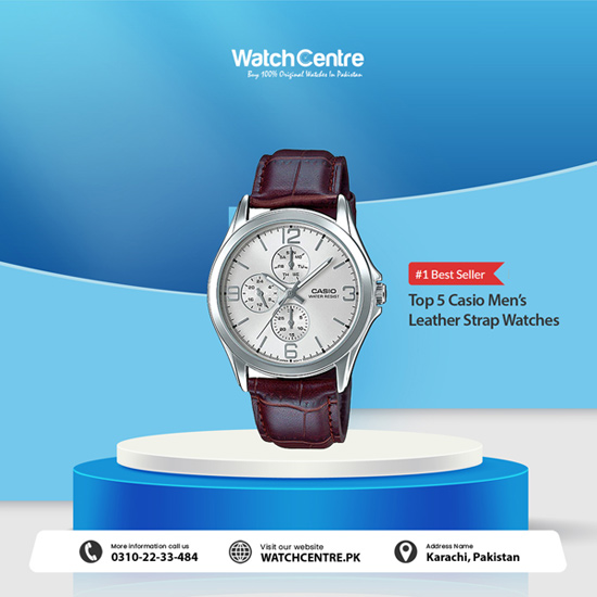Casio MTP-V302L-7A brown leather strap & silver multi-hand dial men's dress watch. Currently ranked as #1 best seller watch in Casio men's leather watches category on WC online store.