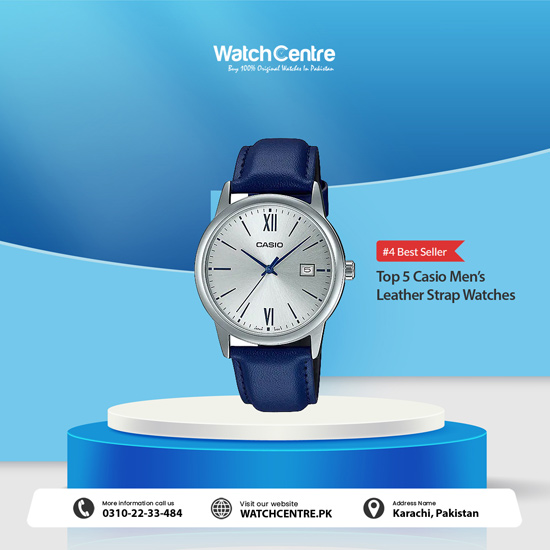 Casio MTP V002L 2B3 blue leather strap & silver analog dial men's quartz dress watch with date option. #4 best seller Casio men's leather watch on WC online store.