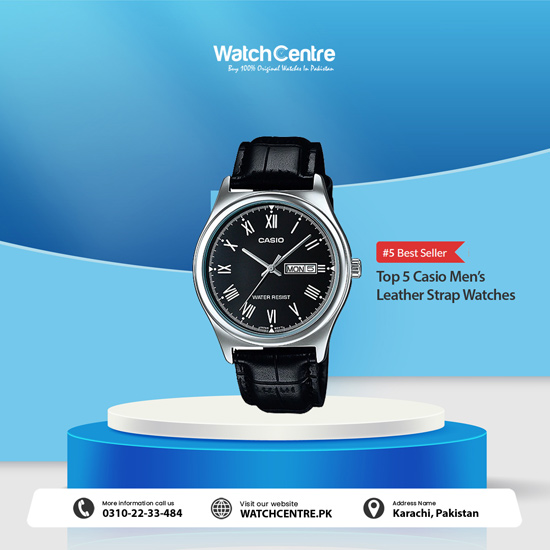 Casio MTP V006L 1B black leather strap & black roman dial men's analog watch with date & day option. #5 best seller Casio men's leather watch on WC online store.