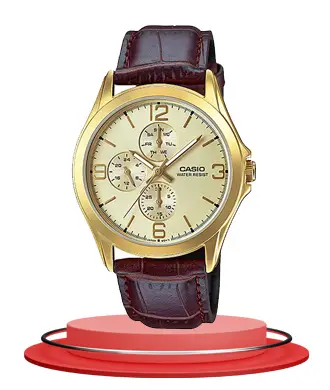 Casio MTP-V301GL-9A brown leather strap golden multi-hand dial dress watch